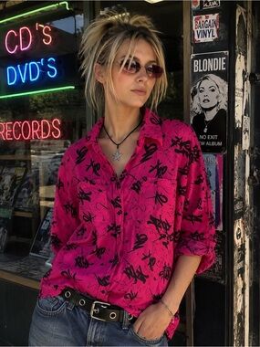 VTG Pelican Cove Pink 80s Retro Abstract Graffiti Print Button Up Shirt blouse